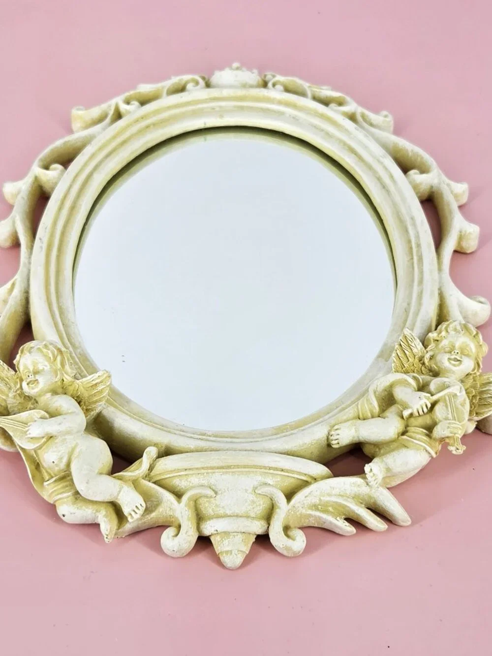 Set 3 Cherub Baroque Wall Shelves Oval Angelic Mirror Romantic Shabby VTG White